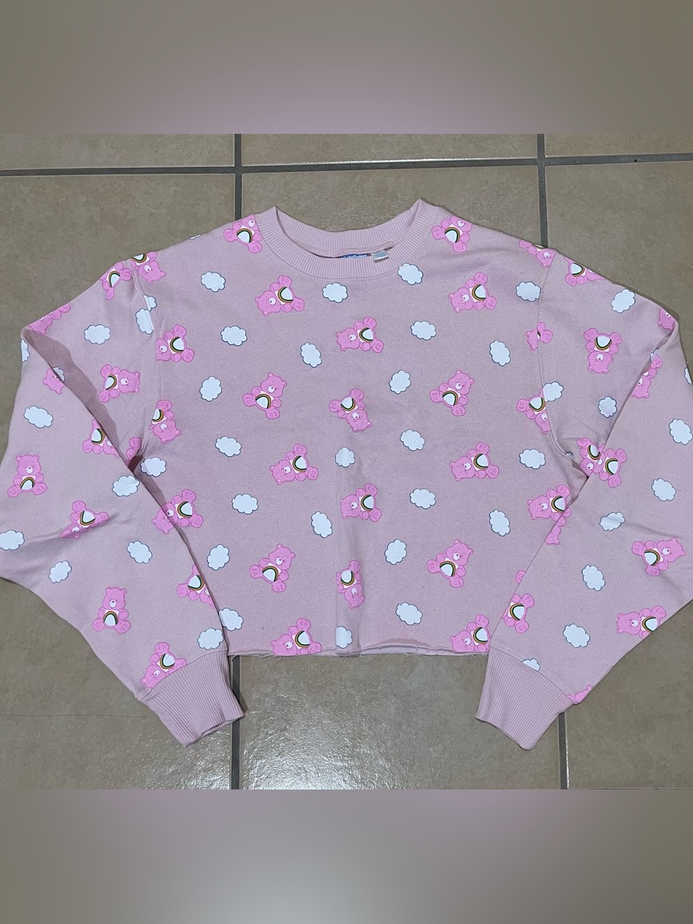 Pink Care Bears Print Cropped Sweatshirt